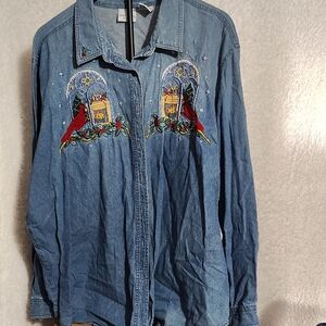 Bobbie Brooks Blue Denim Button Down Shirt with Embroidered Cardinals